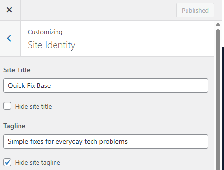 Site title and tagline in Customizer