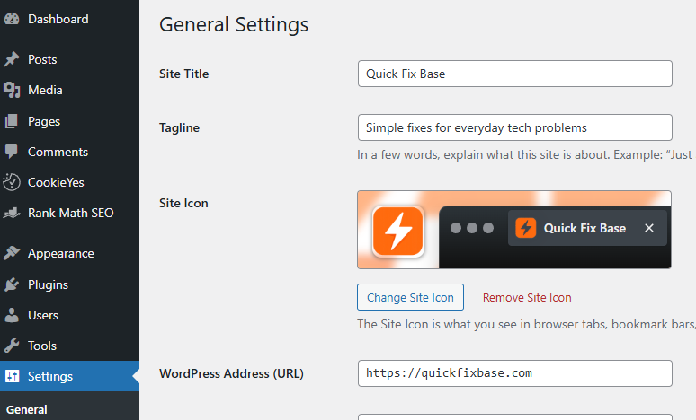 Site title and tagline in General Settings