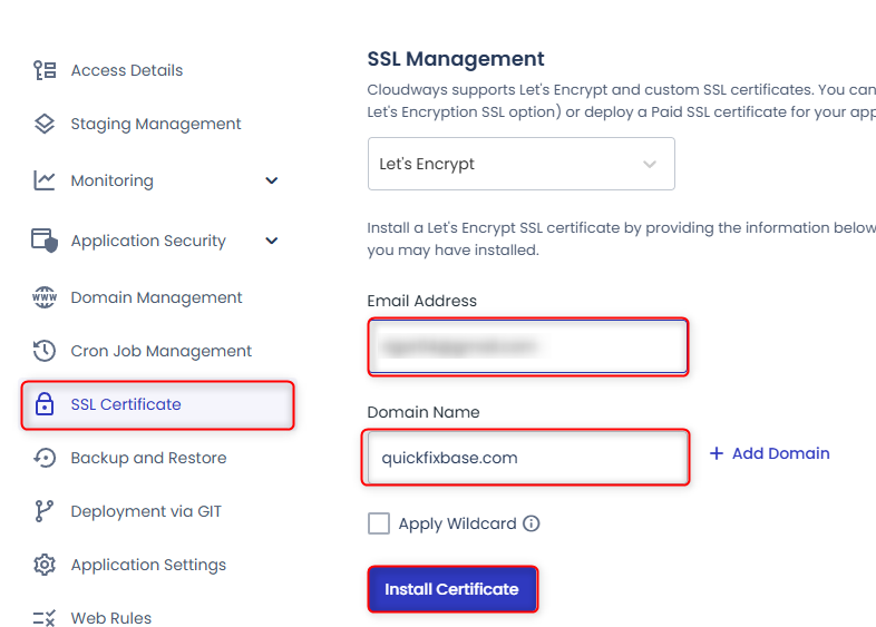 install Lets encrypt certificate on Cloudways